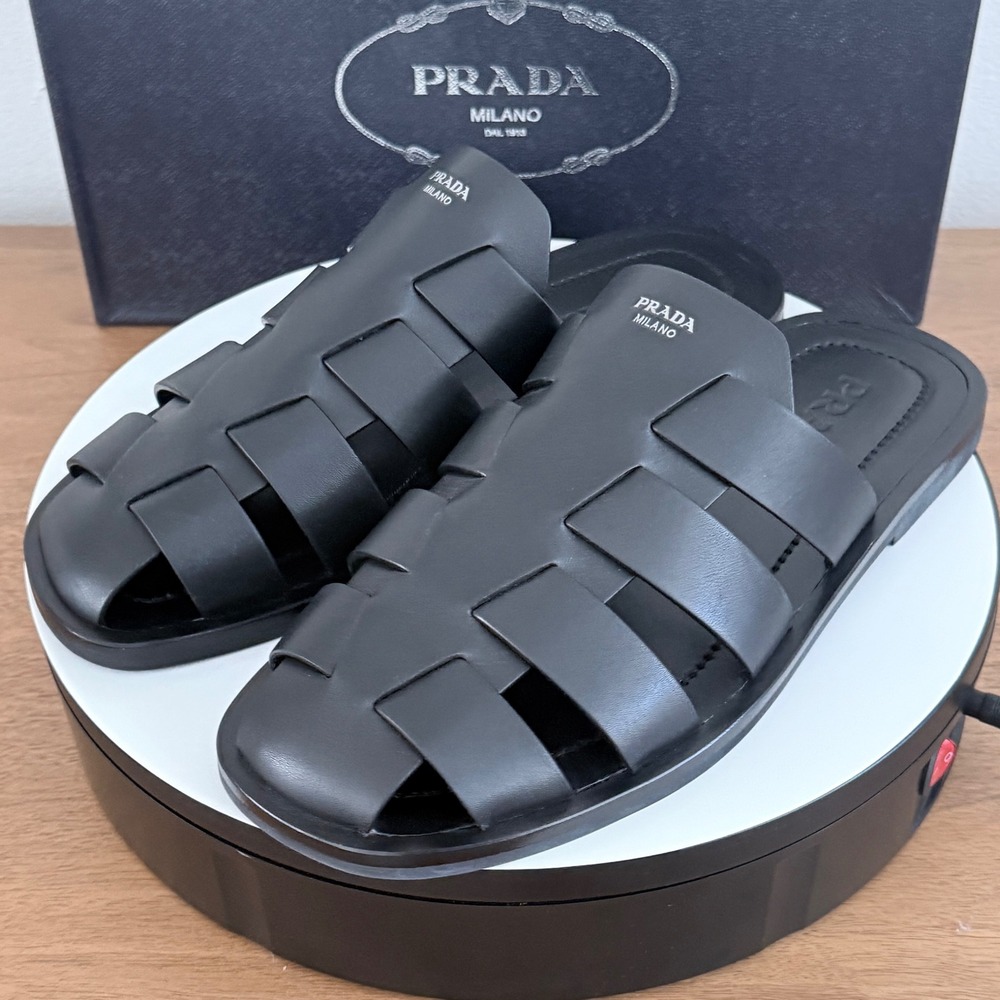 Prada Milano Leather Fisherman Slides Black Mens Sandals Luxury UK 7.5